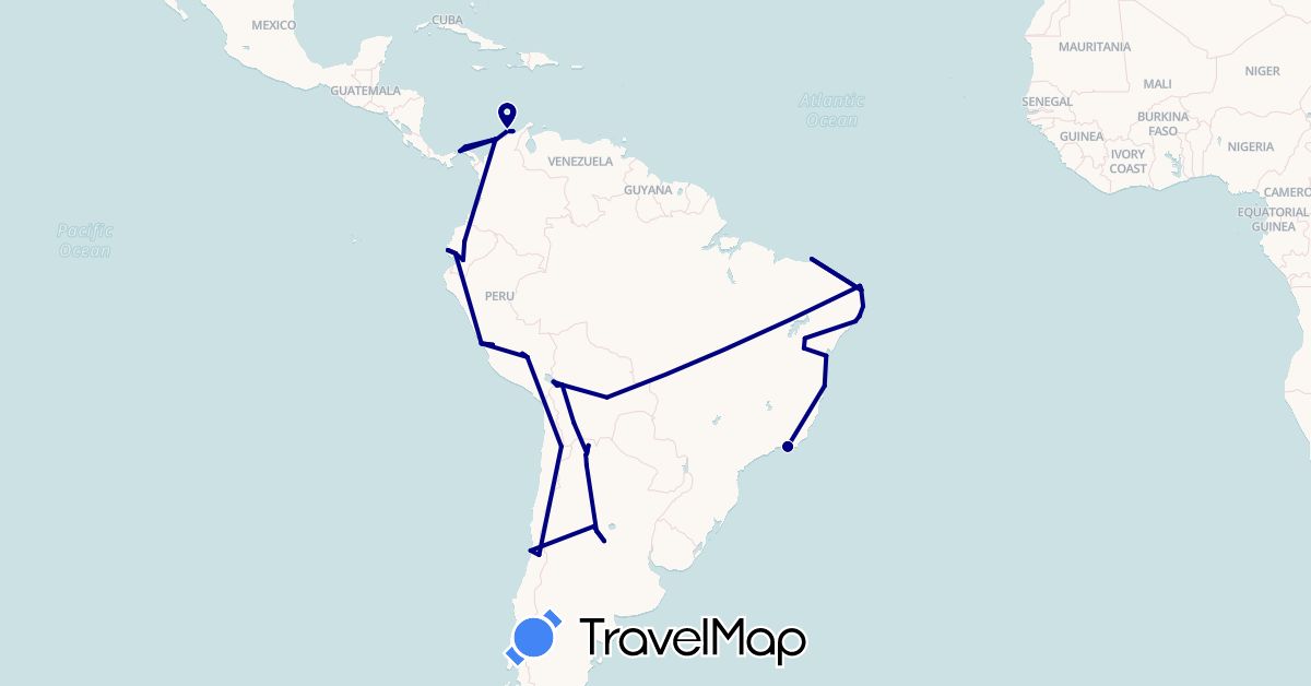 TravelMap itinerary: driving in Argentina, Bolivia, Brazil, Chile, Colombia, Ecuador, Panama, Peru (North America, South America)